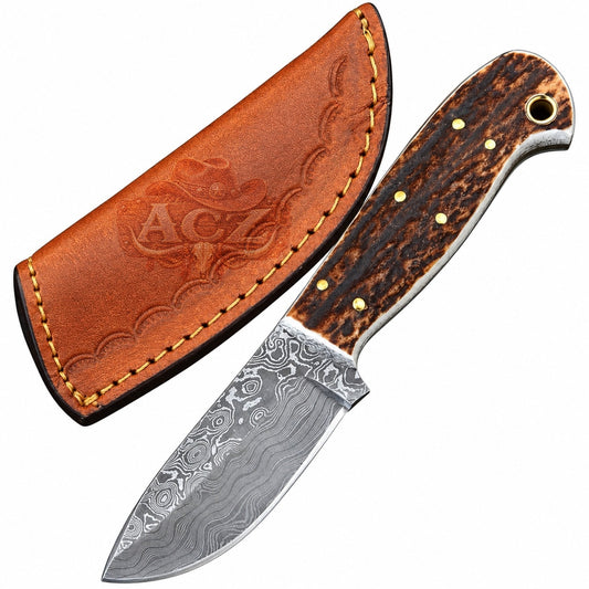 7" Handcrafted Skinning custom Knife Damascus Steel Antler Handle - Leather Sheath