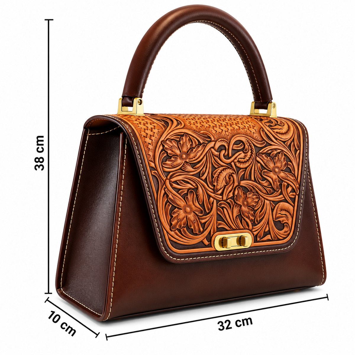 A brown leather handbag with an embossed floral pattern on the front flap and gold-tone hardware, shown with dimension lines indicating 38 cm height, 32 cm width, and 10 cm depth on a white background.