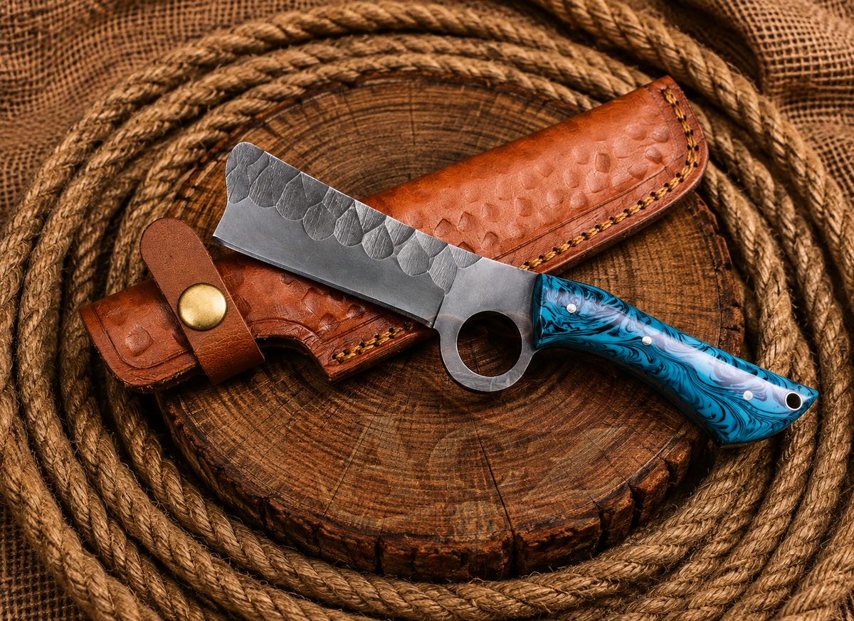 A handmade fixed-blade knife with a hammered steel blade, a circular guard, and a blue marbled handle, displayed next to its brown leather sheath on a rustic wooden slice with coiled rope in the background.