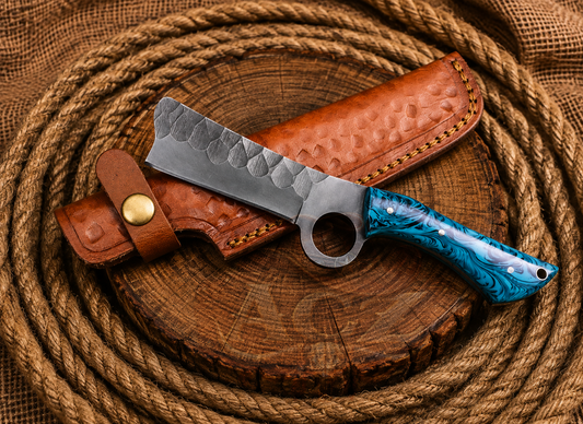 A handmade fixed-blade knife with a hammered steel blade, a circular guard, and a blue marbled handle, displayed next to its brown leather sheath on a rustic wooden slice with coiled rope in the background.