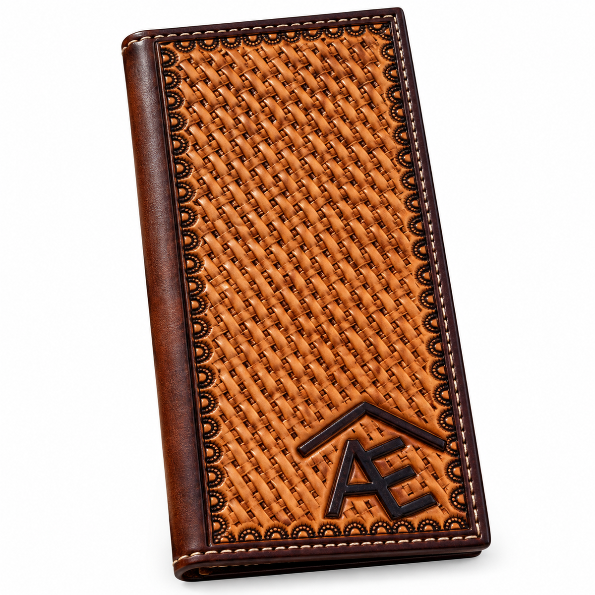 A brown leather wallet with a textured woven pattern on the front, featuring a dark brown embossed monogram logo at the bottom and contrast stitching along the edges, set against a plain white background.