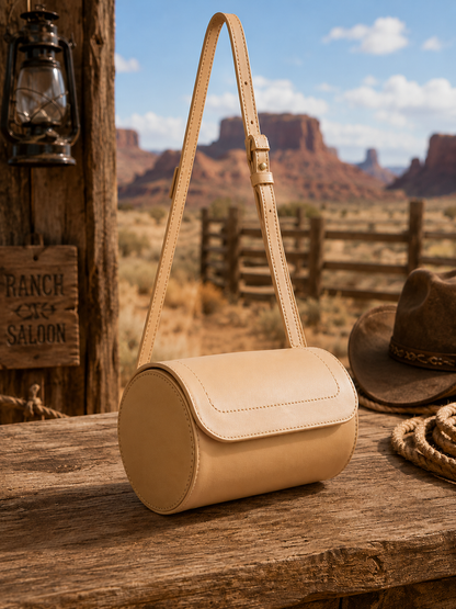 Handcrafted Cylindrical Leather Shoulder Bag – Minimal Vintage Crossbody Purse | Pink, Parrot & Desert