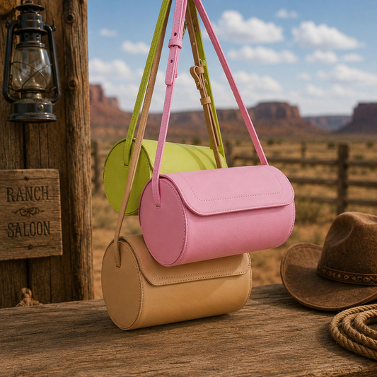 Handcrafted Cylindrical Leather Shoulder Bag – Minimal Vintage Crossbody Purse | Pink, Parrot & Desert