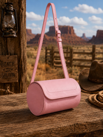 Handcrafted Cylindrical Leather Shoulder Bag – Minimal Vintage Crossbody Purse | Pink, Parrot & Desert