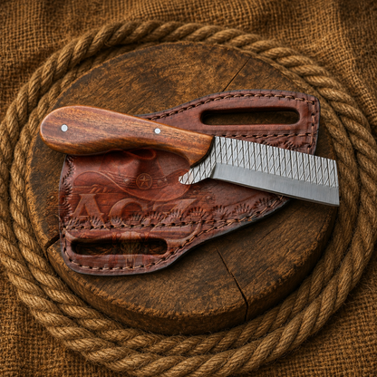 A fixed-blade knife with a polished wooden handle and a textured silver steel blade, resting on a custom brown leather sheath over a rustic wooden slice, all set against a background of thick coiled brown rope and burlap fabric.