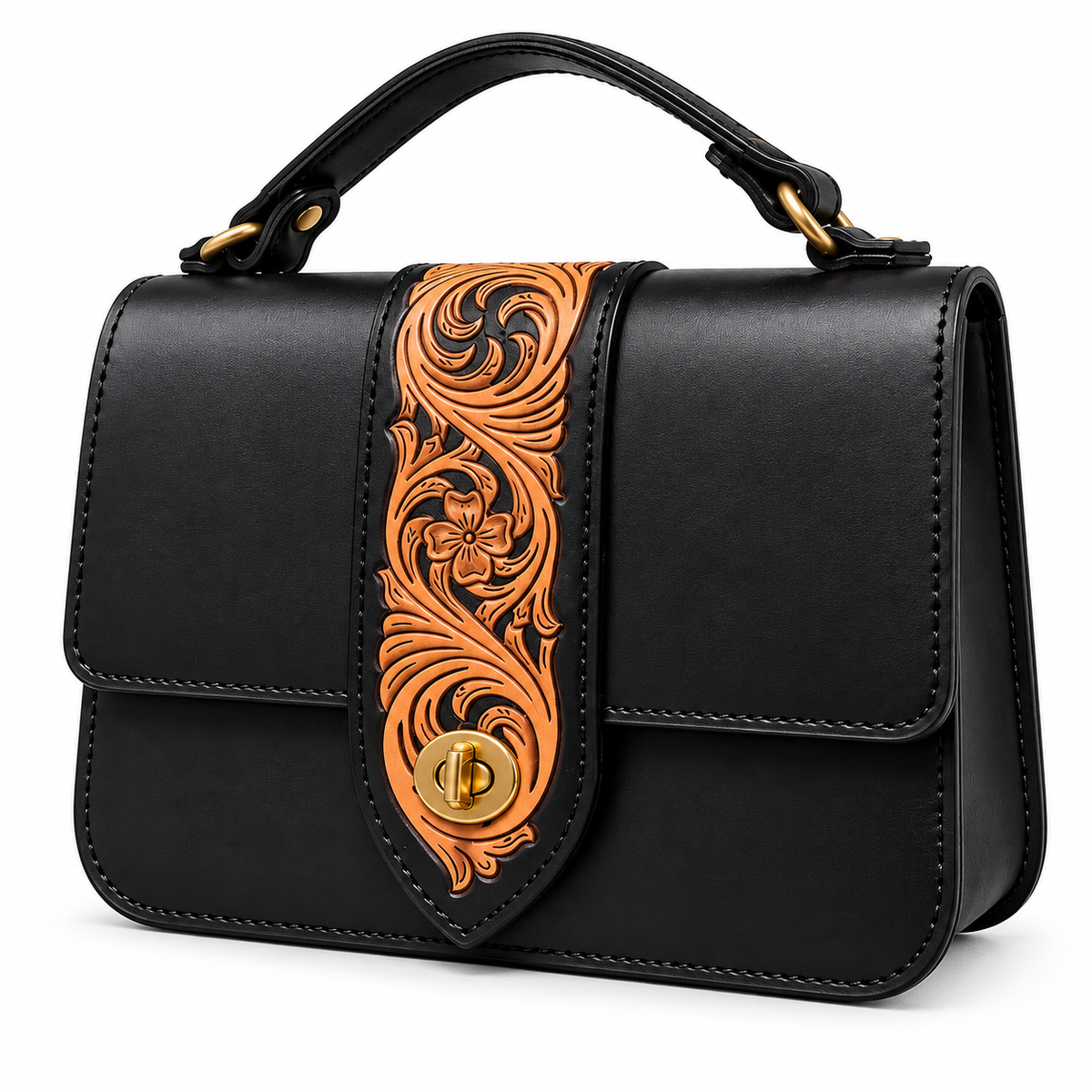 A black leather handbag with a top handle, featuring a prominent orange tooled leather vertical panel on the front with a gold-tone snap button closure.