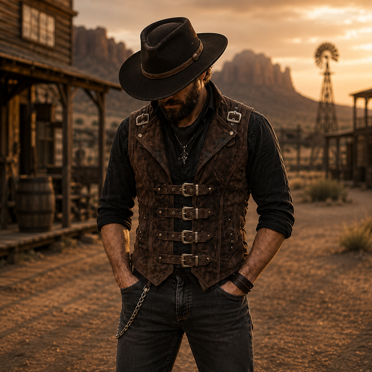 Handcrafted Men's Leather Vest – Distressed Brown Multi-Buckle Style Vest