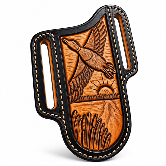 A black leather phone holster with a carved natural wood insert featuring a flying duck, reeds, and a rising sun, shown on a white background.