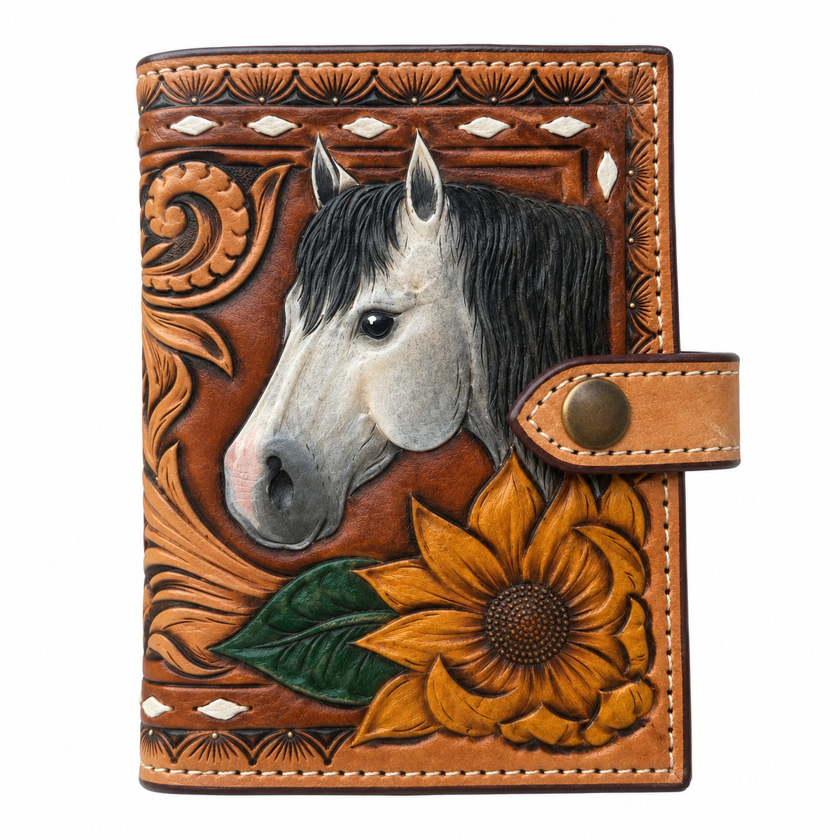 Handcrafted Tooled Leather Horse Wallet – Western Cowboy Floral Leather Bifold Wallet