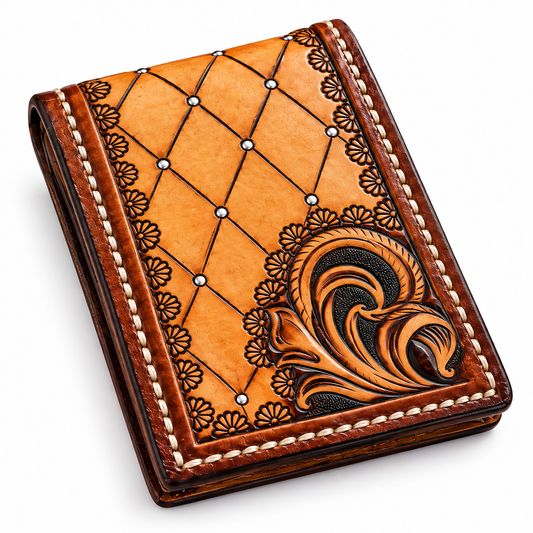 A tooled leather wallet with a warm tan and brown design, featuring floral carvings, a diamond grid pattern with silver studs, and white contrast stitching on a white background.