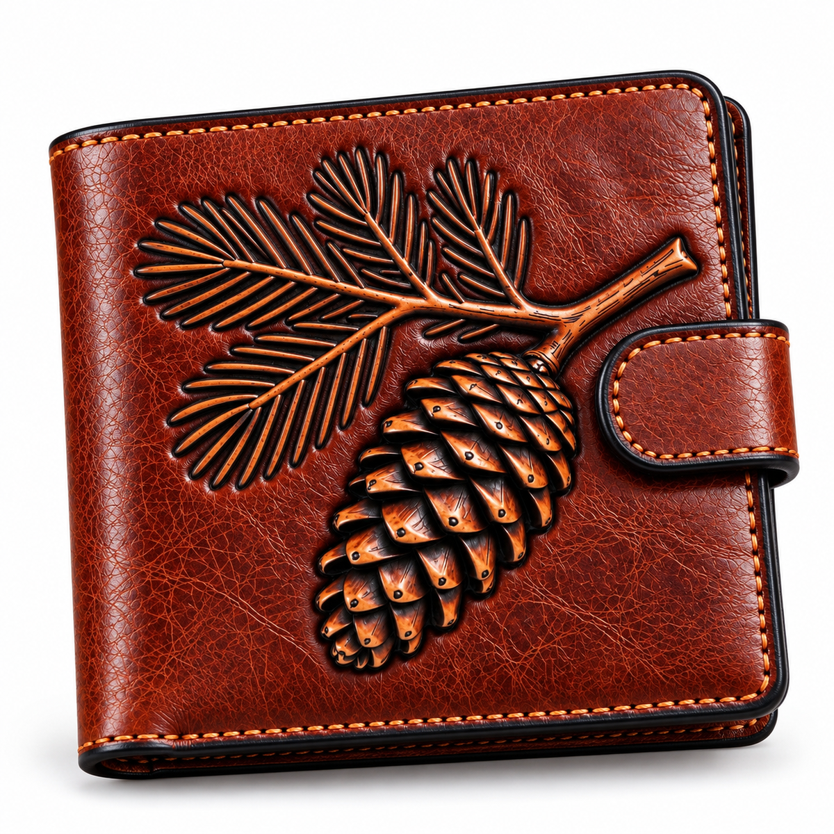 A brown leather bifold wallet featuring an embossed pinecone and leaf branch design on the front, with visible stitching and a side tab closure, shown on a clean white background.