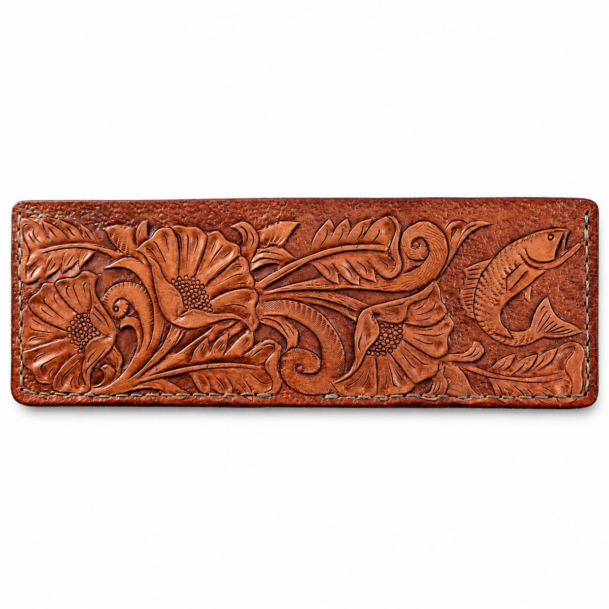 A bifold brown leather wallet featuring hand-tooled floral and fish motifs on a plain white background.