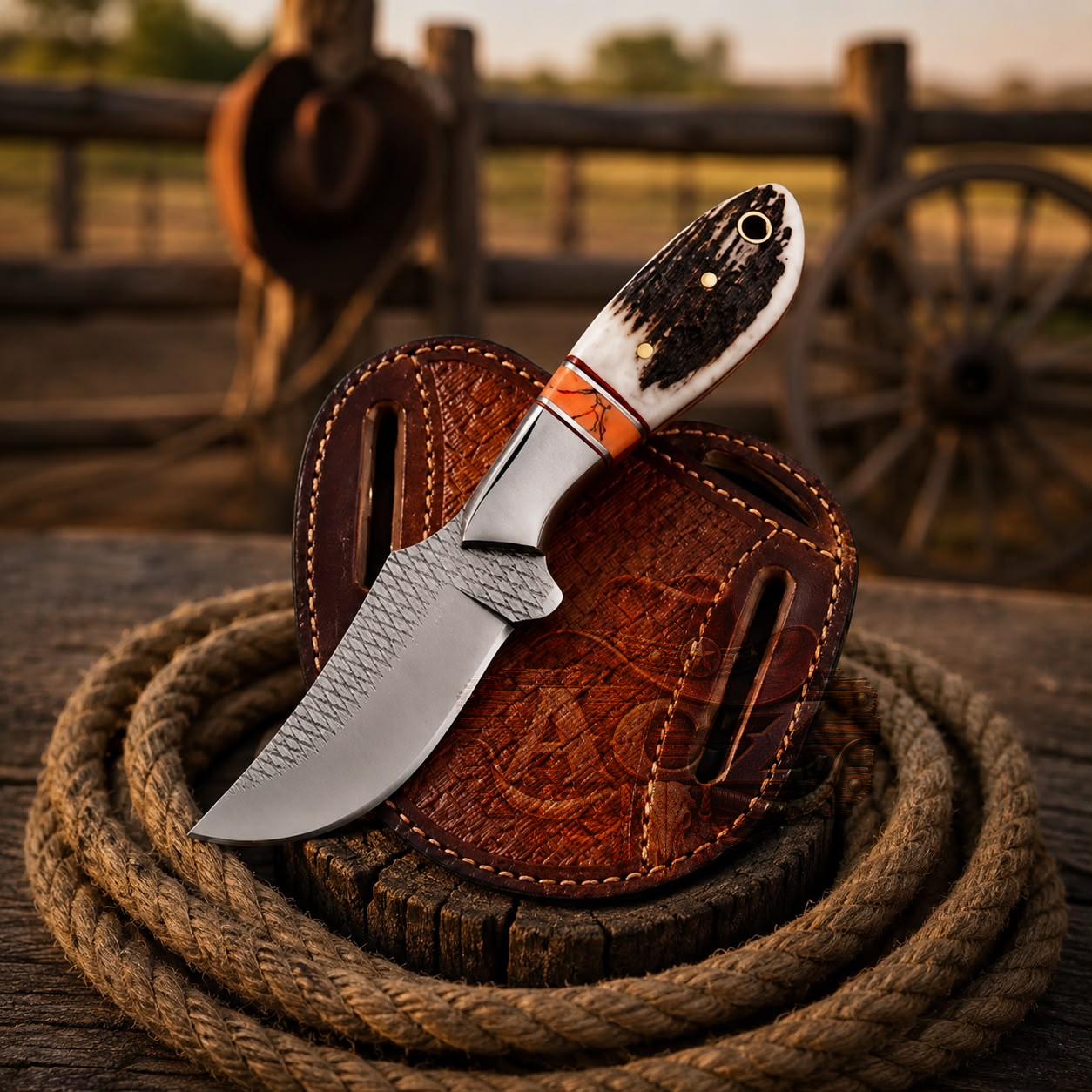 A fixed-blade knife with a textured silver blade, a white and black patterned handle, and an orange accent near the bolster, displayed diagonally on a brown embossed leather sheath. The sheath and knife are arranged on a rustic wooden surface with a coiled rope in the foreground and a blurred outdoor fence and wagon wheel in the background.