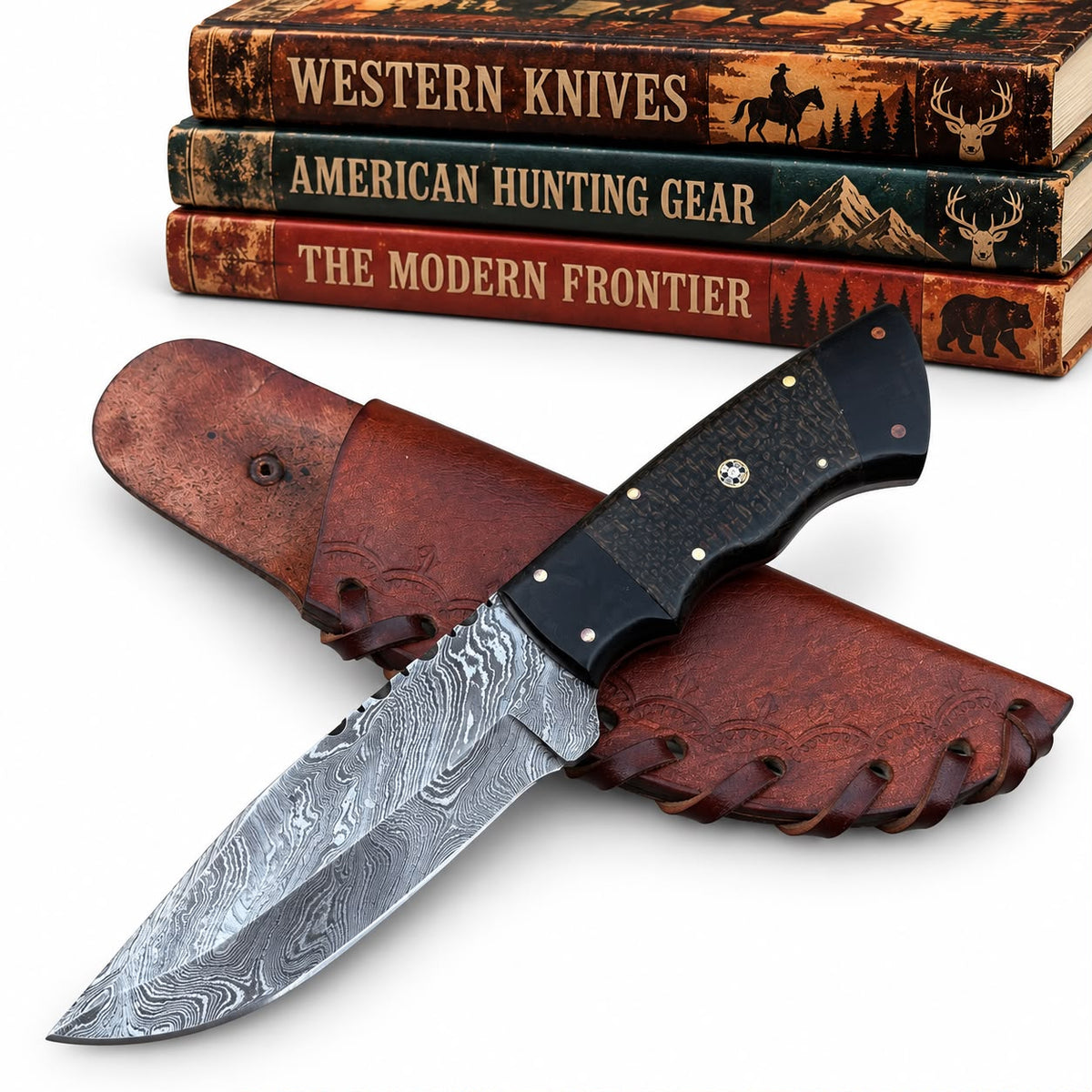 A fixed-blade knife with a patterned steel blade and black handle is displayed on a brown leather sheath, with three decorative books in the background reading 'Western Knives,' 'American Hunting Gear,' and 'The Modern Frontier.'.