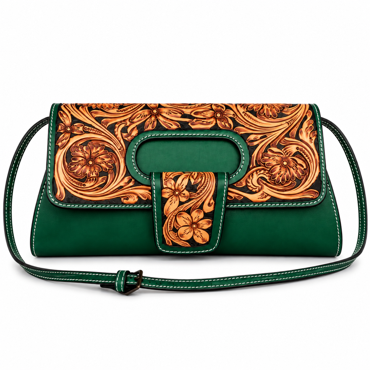 A green leather clutch bag with a dark green strap, featuring a flap closure with a prominent orange-brown floral and scroll tooled leather pattern on the front.