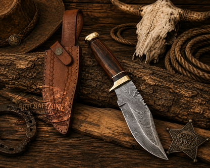 Handcrafted Hunting Premium Damascus Western Cowboy Field Work Tool Brass Guard Pommel with Leather Sheath