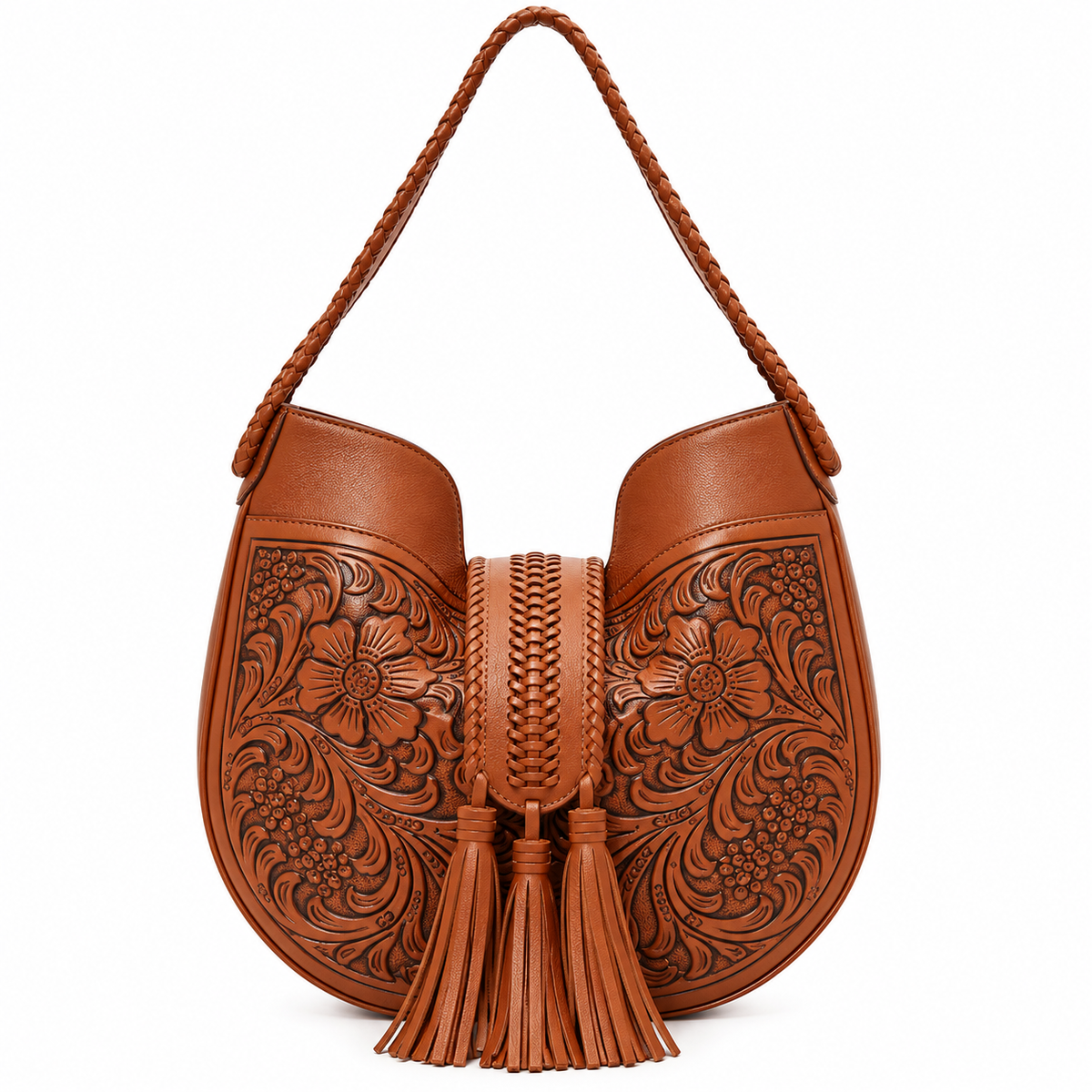 A brown leather shoulder bag with intricate floral tooling, a braided shoulder strap, and a tassel detail at the center, shown against a plain white background.