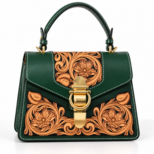 A structured dark green leather handbag with intricate floral tooling and gold-tone hardware, shown on a clean white background.