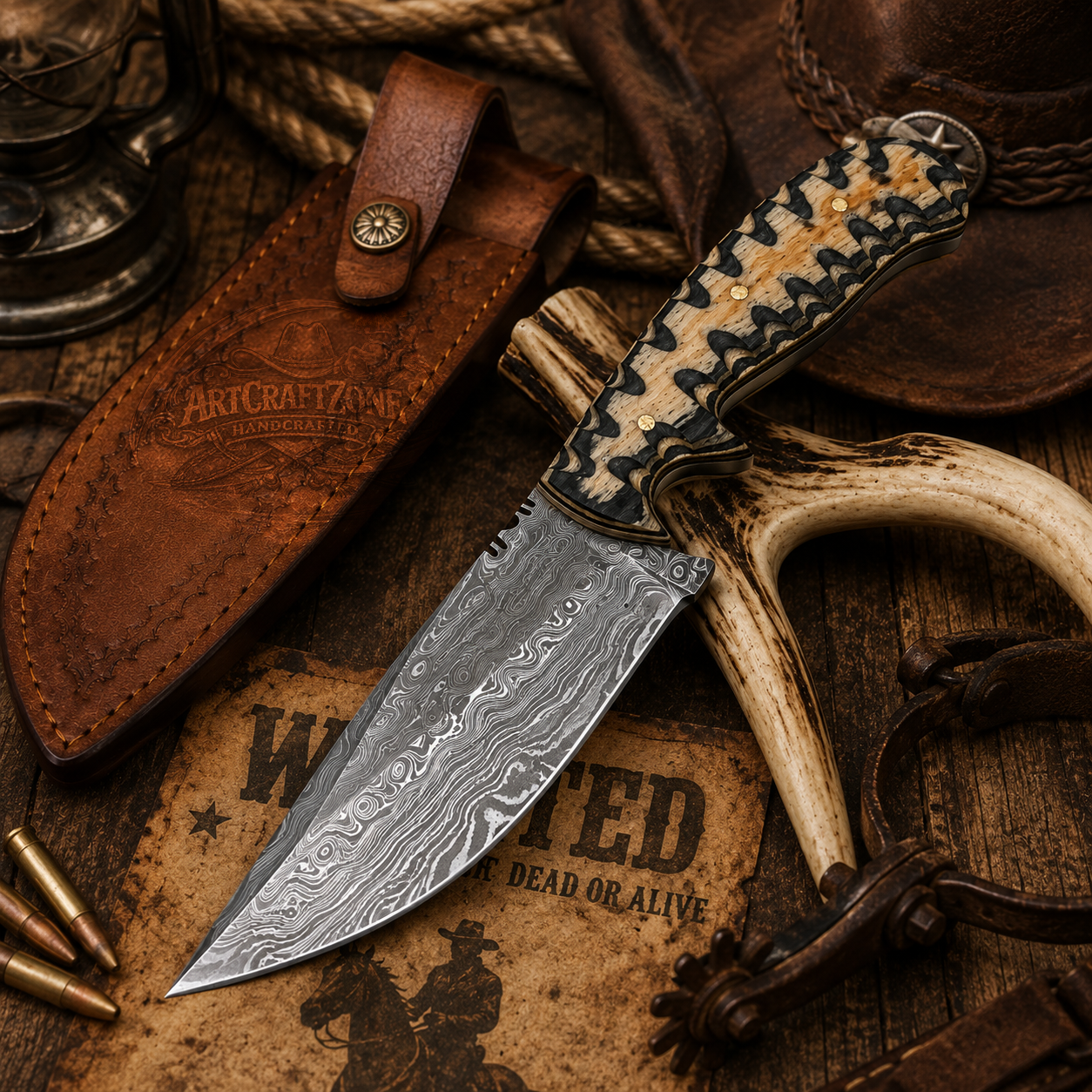 Handcrafted Skinning Premium Damascus Western Cowboy Field Work Tool Exotic Pakka Wood Handle with Leather Sheath
