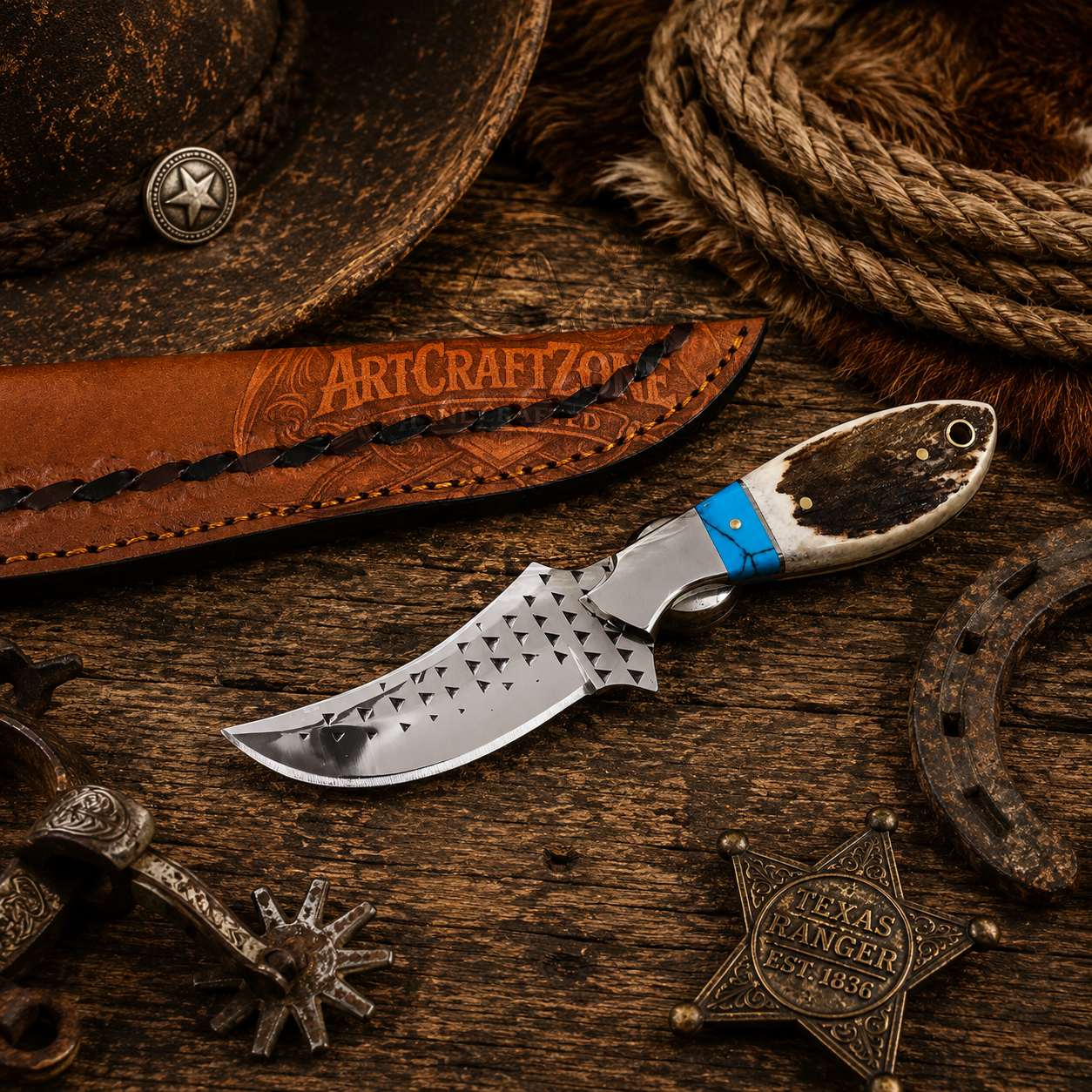 8" Handcrafted Rasp File Steel Field Tool Antler & Turquoise Handle - Leather Sheath