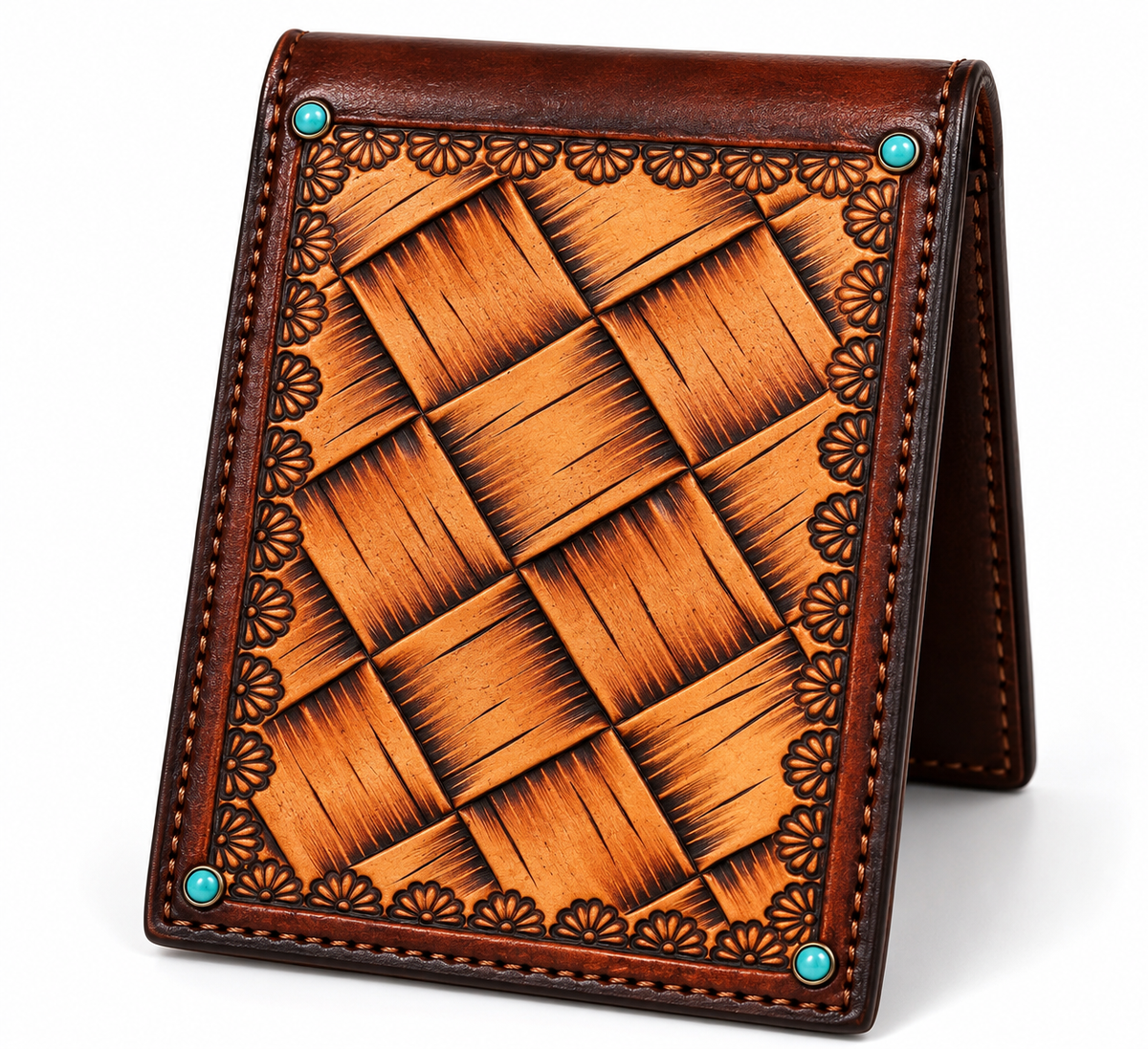 A brown leather bifold wallet with a hand-tooled basketweave pattern on the front, featuring decorative floral engravings along the border and small turquoise accent stones in the corners, shown on a white background.