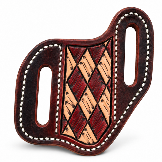 A handcrafted leather belt buckle featuring a carved diamond pattern with alternating dark red and light tan wood inlays, finished with white stitching along the border.