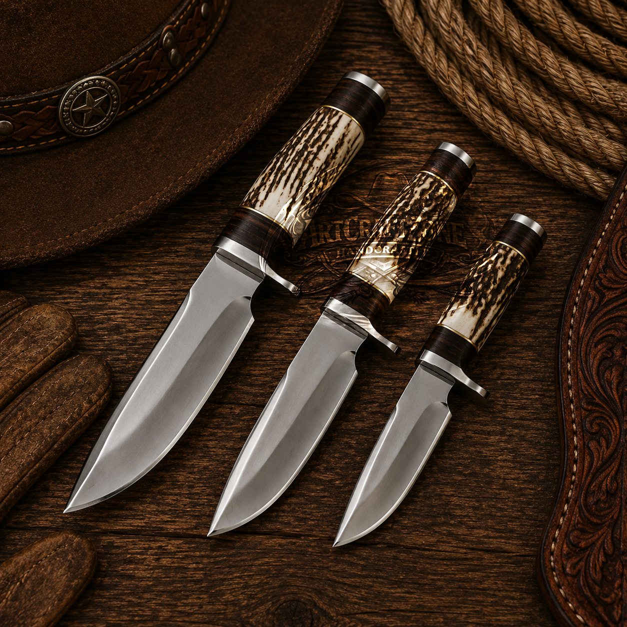 Handcrafted 3 Pcs Deal Hand Forged Steel Western Cowboy Field Work Tool Set with Leather Sheath