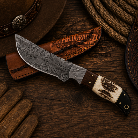 9" Handcrafted Damascus Steel Field Tool Wood Bull Horn & Antler Handle - Leather Sheath