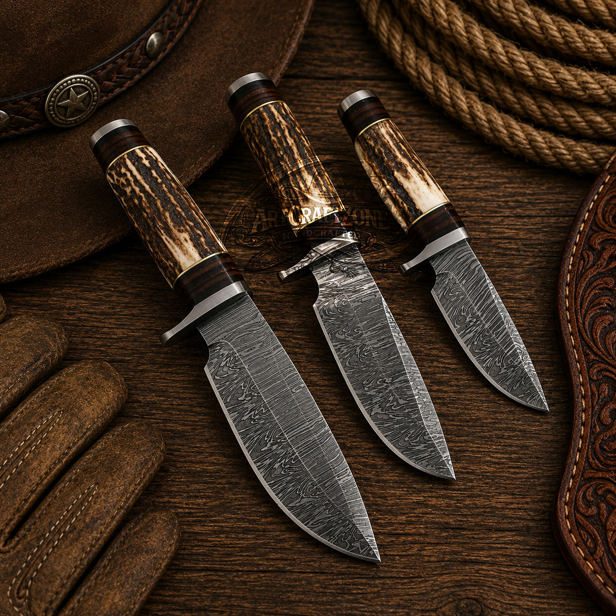 Handcrafted 3 Pcs Deal Genuine Damascus Steel Western Cowboy Field Work Tool Set with Leather Sheath
