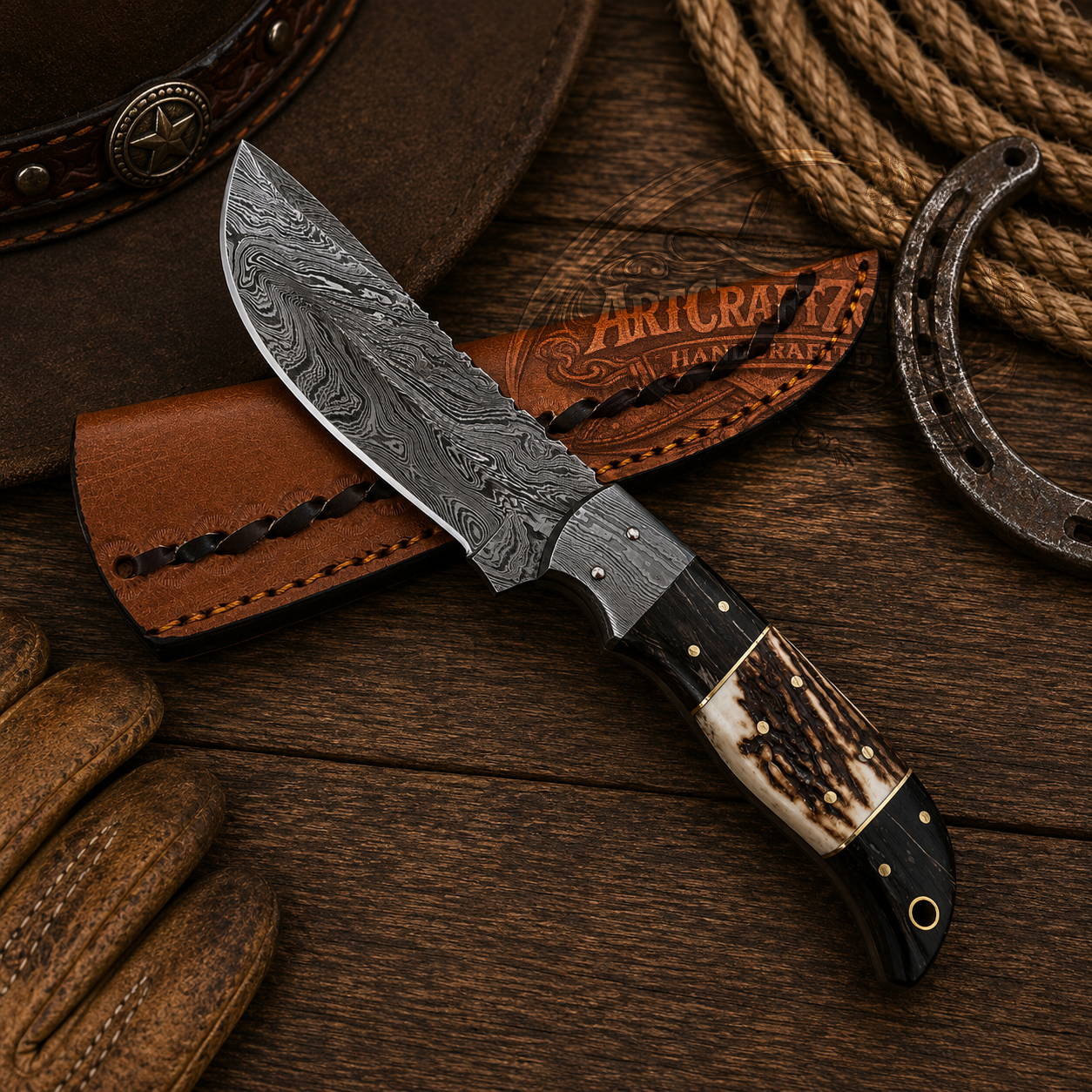 9" Handcrafted Damascus Steel Field Tool Antler & Buffalo Horn Handle - Leather Sheath
