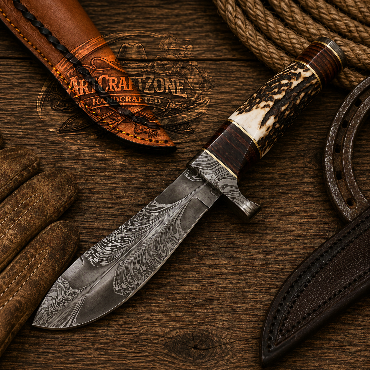 Handcrafted 10" Genuine Damascus Feather Pattern Western Cowboy Field Work Tool with Leather Sheath