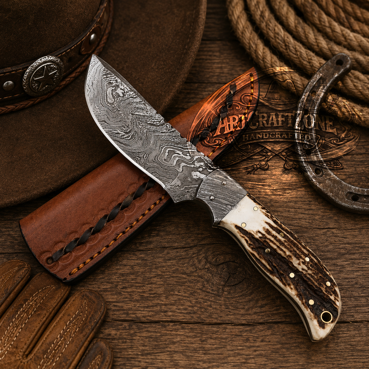 9" Handcrafted Damascus Steel Field Tool Natural Antler Horn Handle - Leather Sheath