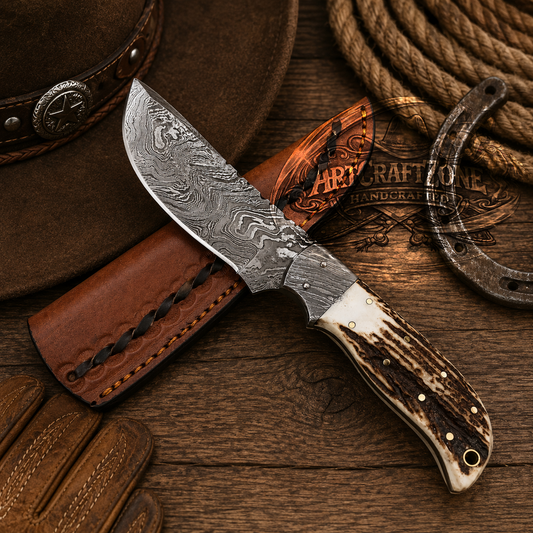 9" Handcrafted Damascus Steel Field Tool Natural Antler Horn Handle - Leather Sheath