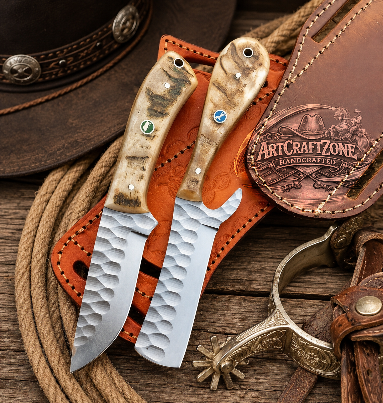Handcrafted Pair 7" EDC Skinning & Bull Cutter Hand Forged Steel Honey Sheep Horn Handle - Leather Sheath