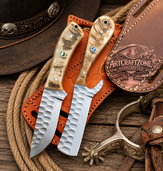 Handcrafted Pair 7" EDC Skinning & Bull Cutter Hand Forged Steel Honey Sheep Horn Handle - Leather Sheath