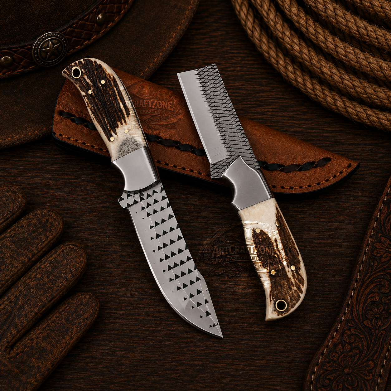 Handcrafted Pair 7" Bull Cutter & 8" EDC Skinning Rasp Steel Antler Handle - Leather Sheath