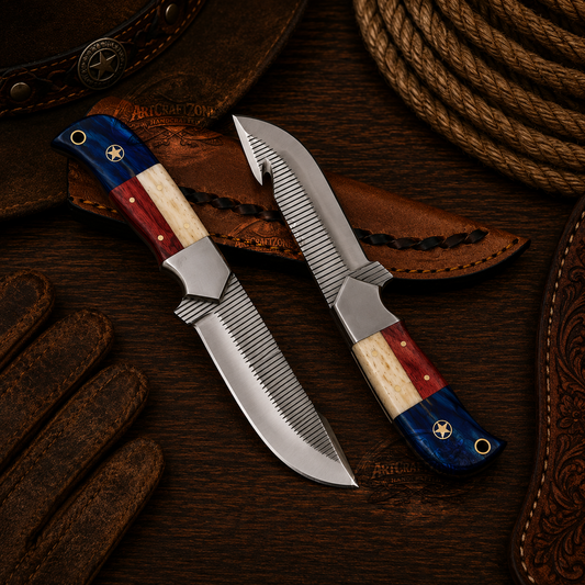 Handcrafted Pair 8" Gut Hook & Skinning Rasp File Steel Texas Flag Handle - Leather Sheath