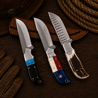8" Handcrafted Farrier Steel EDC Field Tool Texas Flag, Antler Bull Horn Turquoise - Leather Sheath