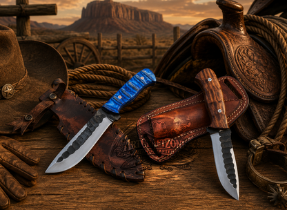Handcrafted 10" Steel Hand Forged Western Cowboy Tool Pair with Western Leather Sheath
