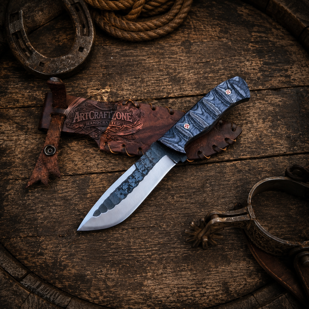Handcrafted 10" Hand Forged Steel Field Work Western Cowboy Tool with Leather Sheath