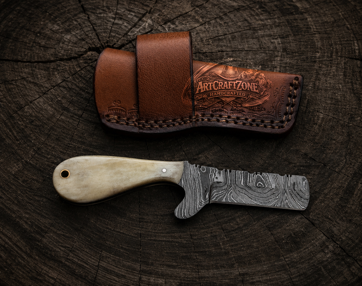 Handcrafted 6" Damascus Steel Western Cowboy Bull Cutter with Leather Sheath