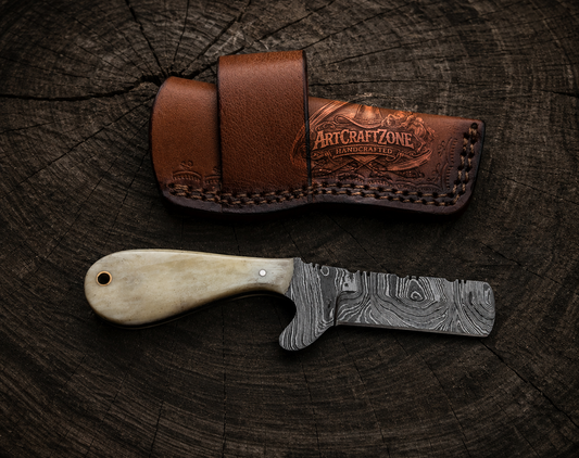 Handcrafted 6" Damascus Steel Western Cowboy Bull Cutter with Leather Sheath
