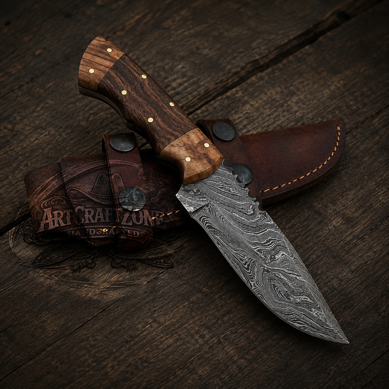 Handcrafted 9" Damascus Steel Western Cowboy Field Work Tool with Leather Sheath