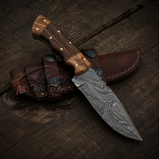 Handcrafted 9" Damascus Steel Western Cowboy Field Work Tool with Leather Sheath