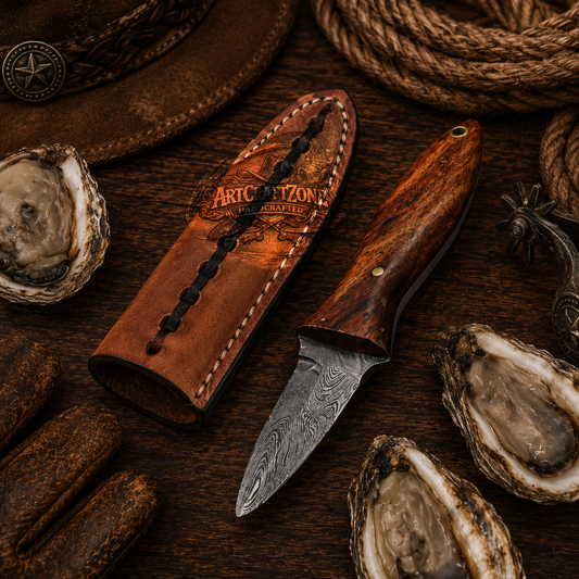 Handcrafted 6" Oyster Tool Western Cowboy Field Work Tool with Leather Sheath