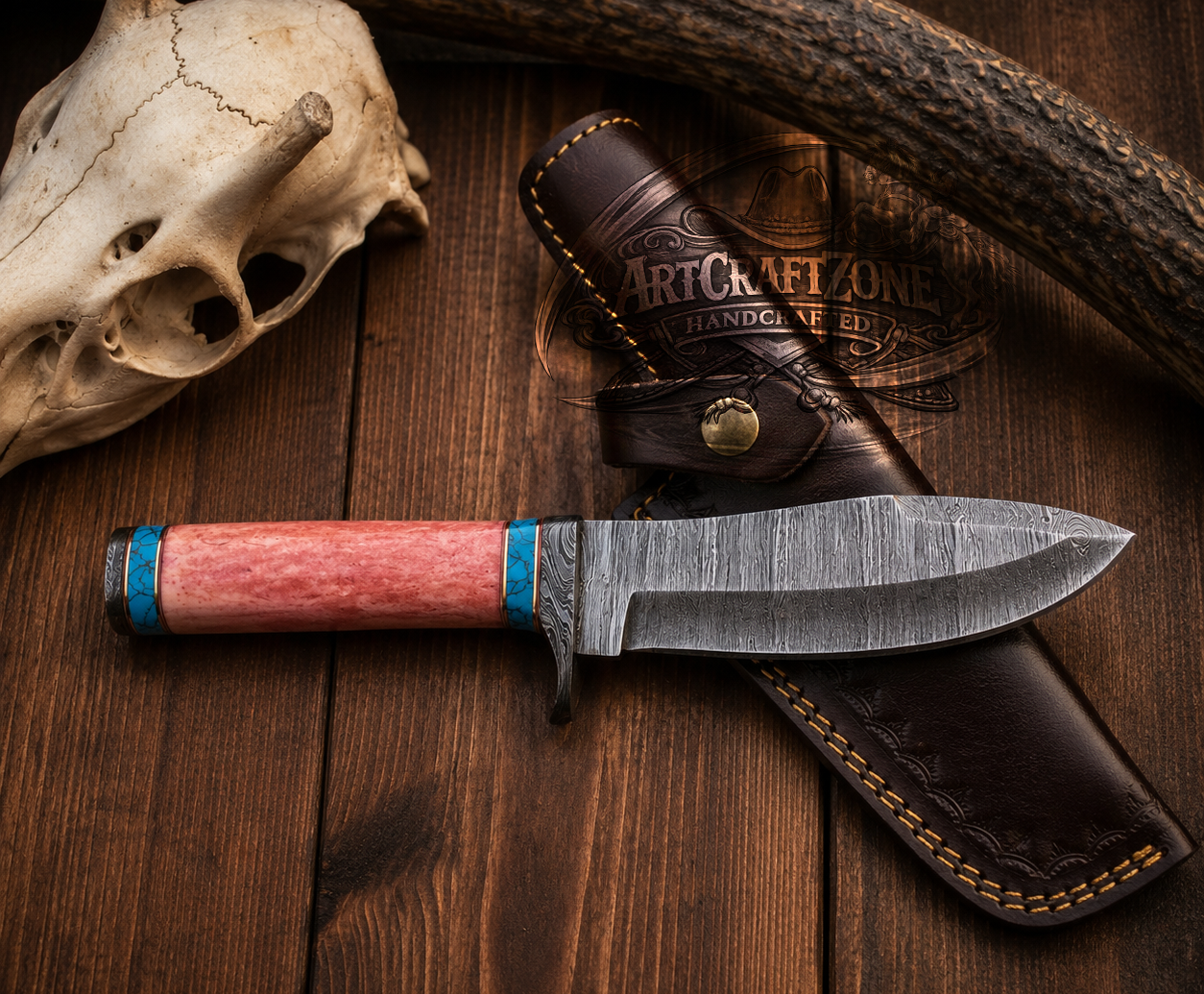 Handcrafted 10" Damascus Steel Western Cowboy Hunting Tool with Bone & Turquoise & Leather Sheath