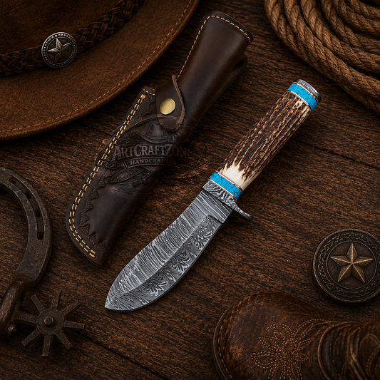 Handcrafted 10" Genuine Premium Damascus Steel Western Cowboy Field Work Tool with Leather Sheath