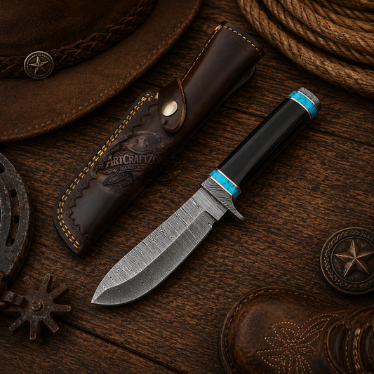 Handcrafted 10" Damascus Steel Western Cowboy Field Work Tool with Leather Sheath
