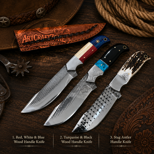 8" Handcrafted Farrier Steel EDC Field Tool Texas Flag, Antler Bull Horn Turquoise - Leather Sheath