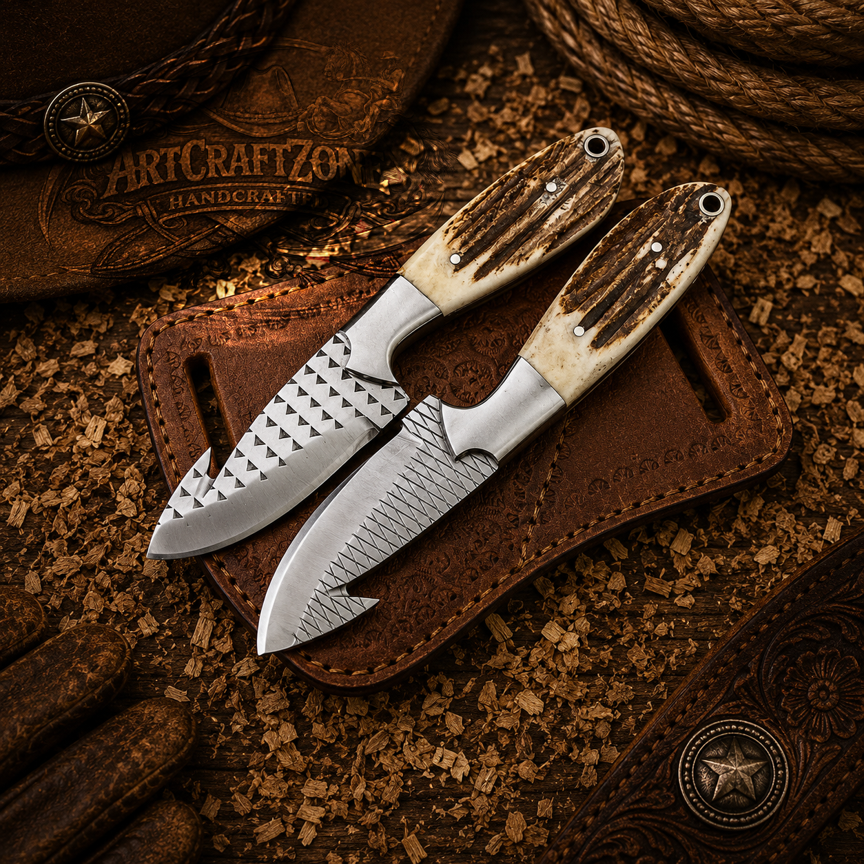 Handcrafted 7" Gut Hook Western Cowboy Field Work Tool Rasp File Steel with Leather Sheath